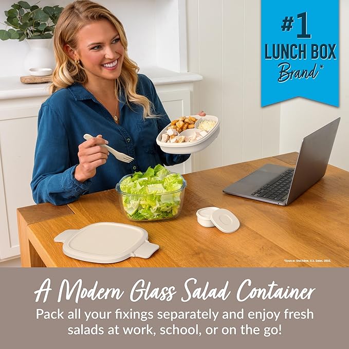 Bentgo Glass All-in-One Salad Container - Large 61-oz Salad Bowl with Lid, 4-Compartment Bento-Style Tray, 3-oz Sauce Container, & Reusable Fork - Dishwasher, Microwave, & Oven Safe (White Stone Tan)