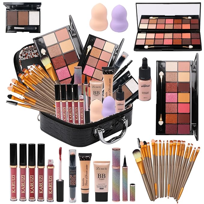 All in One Makeup Kit for Makeup storage bag 2X14 Colors Eyeshadow Palette Liquid Foundation Eyeliner Pencils Contouring Stick Lip Gloss Eyebrow Pencils 20Pcs Makeup Brushes etc For Women Girls Teens (Black)-BrightBean Baby