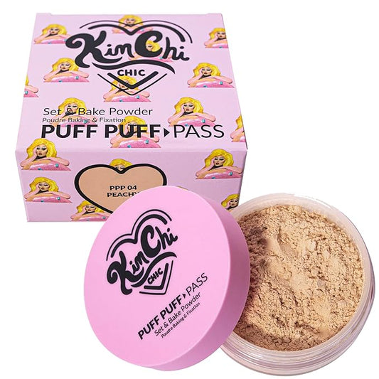 Kimchi Chic Beauty Puff Puff Pass Set and Bake Powder, Loose Face Powder with Extra Fluffy Setting Powder Puff, Soft Peach Face Makeup for Uneven Skin Tone, 04 Peachy-BrightBean Baby