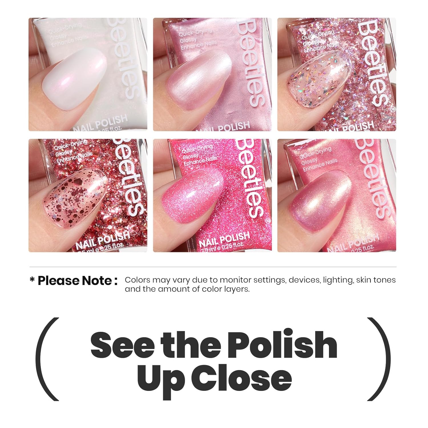 Beetles Glitter Nail Polish Set, 6 Colors Pink Nail Polish Kit Shimmer Gold Nude Jelly Pink Reverie Quick Dry Fingernail Polish Gifts for Women Salon DIY Manicure Kit-BrightBean Baby
