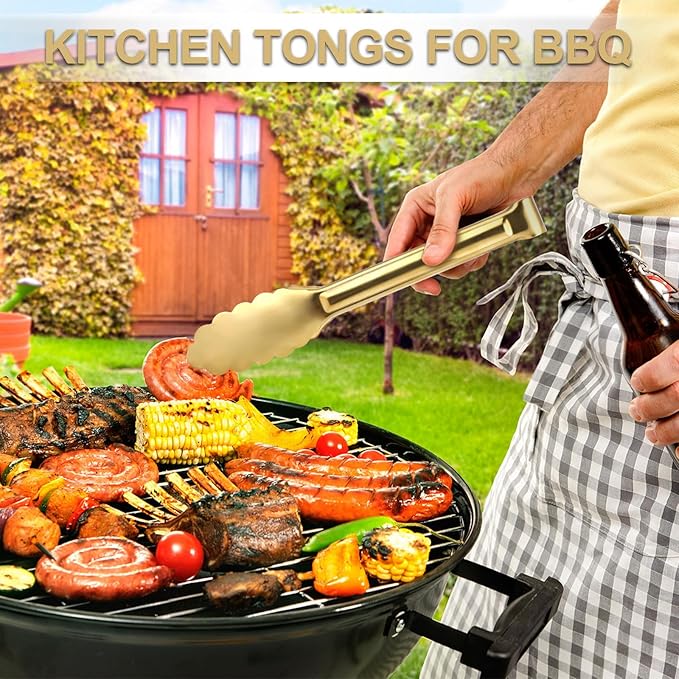 4 Pack Gold Tongs for Serving Food, 9 Inch Serving Tongs, Gold Buffet Tong Stainless Steel Utensils, Metal Kitchen Tong for Salad, Steak, Appetizer, Snack and Small Food (GOLD, 9INCH)