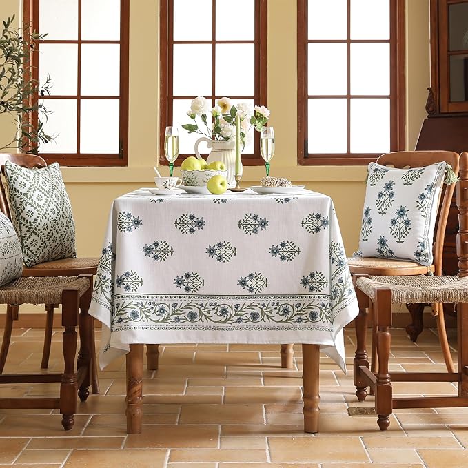 ISAENNE Designer White Linen Square Tablecloth,Chinoiserie Floral Elegant Indoor Table Cloth,Fall Stain Proof Decor Tablecloths for Dining Thanksgiving Kitchen Party,67"*67"-Mosella F
