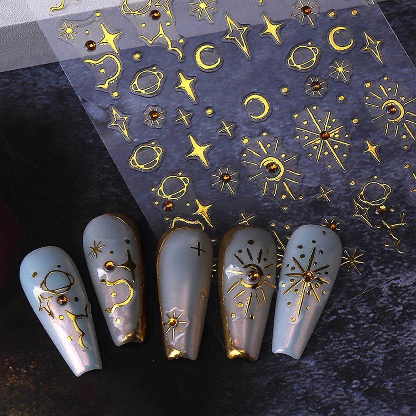 5 Sheets Metallic Gold Nail Art Stickers 3D Self-Adhesive Nails Stickers Bohemian Sun Moon Hexagram 3D Decal Supplies Women DIY Gold Metal Nail Art Decoration-BrightBean Baby