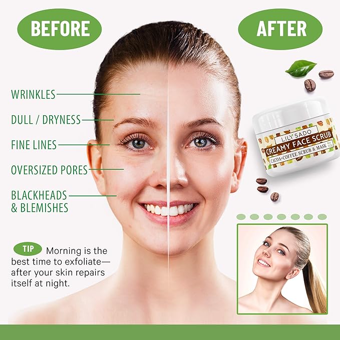 LILY SADO LILY SADO Cocoa & Coffee Creamy Face Scrub - Best Exfoliating VEGAN Facial Cleanser for Women & Men - Natural Face Wash Exfoliates & Energizes Skin, Treats Acne & Reduces Pore Size - 4 oz-BrightBean Baby