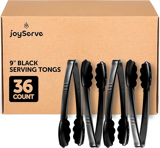 Plastic Tongs for Serving (Pack of 36) 9 Inch - Heavy-Duty Hard Plastic Reusable or Disposable Serving Tongs for Catering, Dinner Parties, Banquets, Buffets, Events, Weddings and Everyday Use, Black
