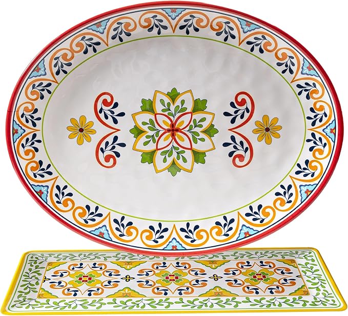 Melamine Serving Platter, Set of 2,Talavera Melamine Large Serving Tray,19''x8'' Rectangular and 18''x14'' Oval Platter Set. Multi-Color