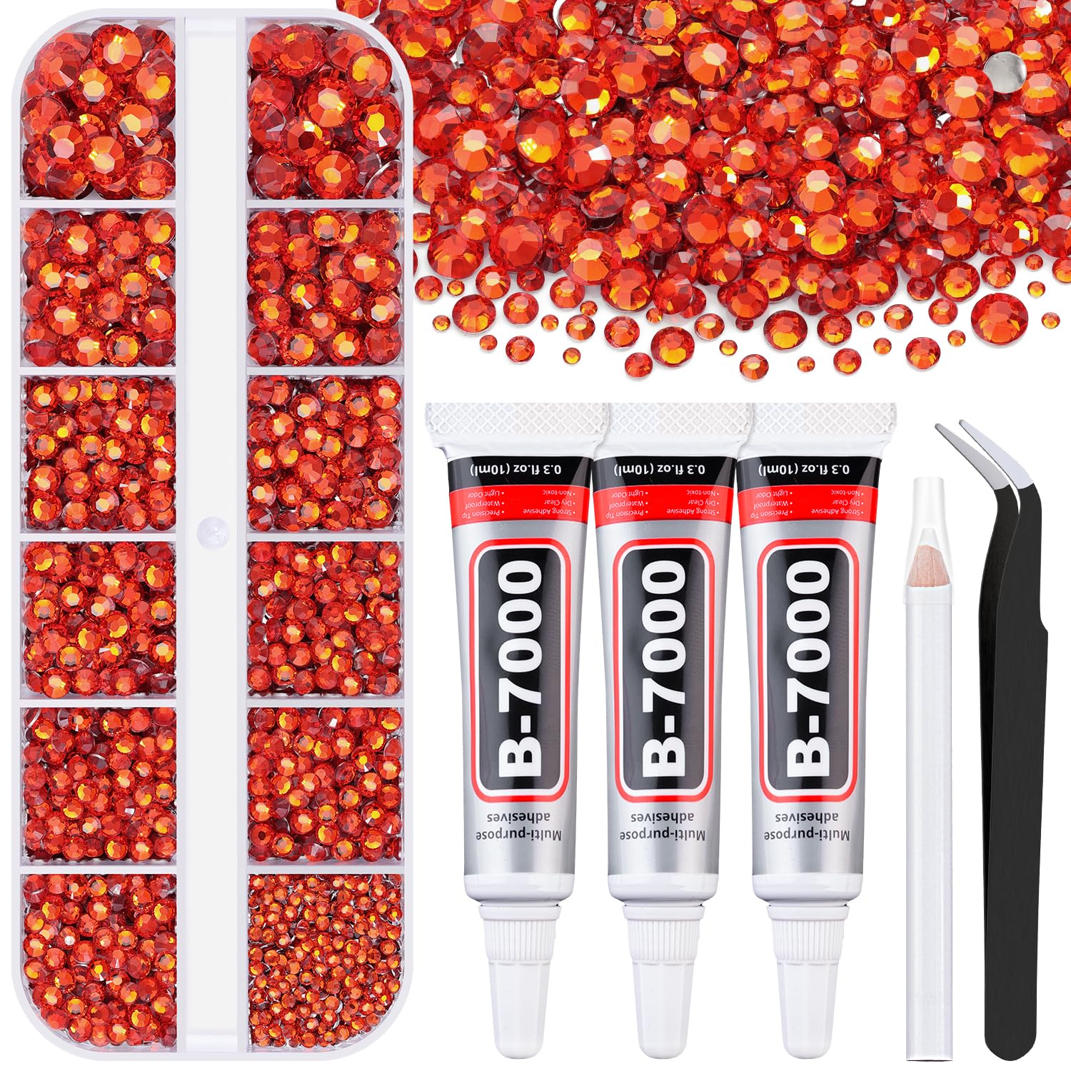 6000Pcs Resin Rhinestones for Bedazzling with 3Pcs B7000 Jewelry Glue, 1 Box Red Zircon Flatback Rhinestones for Crafting Crafts DIY, Crystals Gems for Clothing Shoes Tumblers Nail Art Makeup-BrightBean Baby