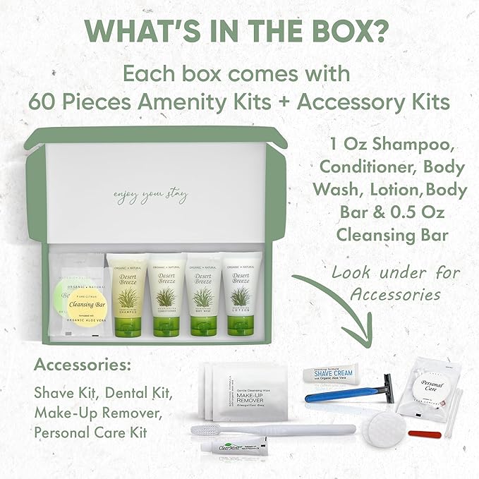 Desert Breeze Amenity & Accessory Kit | 1 oz Travel Size Shampoo, Conditioner, Lotion, Body Wash, Body Bar, Cleansing Bar, Shave & Dental Sets, Make-Up Remover Wipes, & Vanity Kit | 60 sets per case-BrightBean Baby
