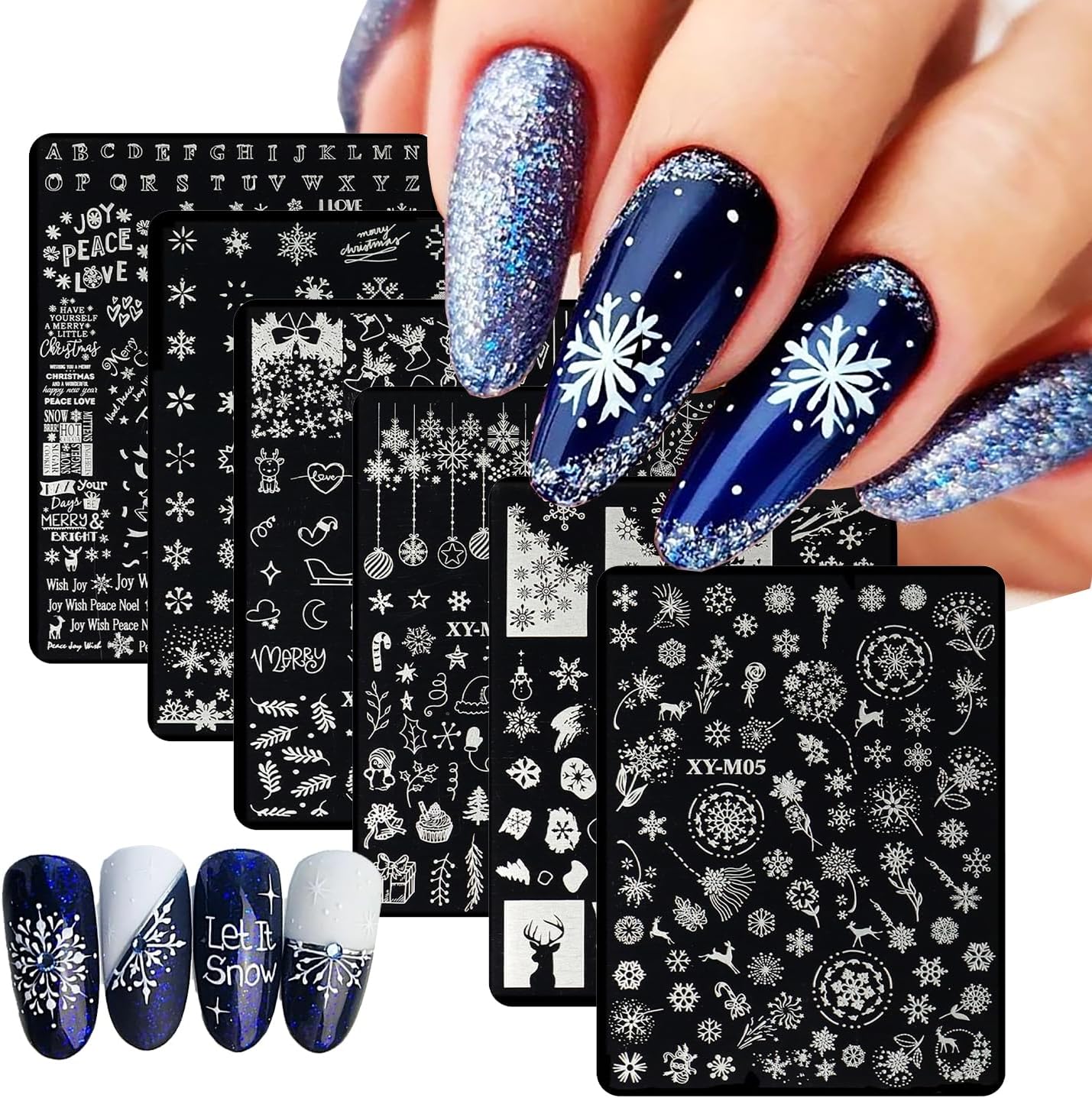 6Pcs Christmas Stamping Plates Set Winter Nail Stamp Kit Xmas Art Image Plates With Snowflakes Tree Bell Snowman Elk Designs DIY Stainless Steel Polish Template-BrightBean Baby