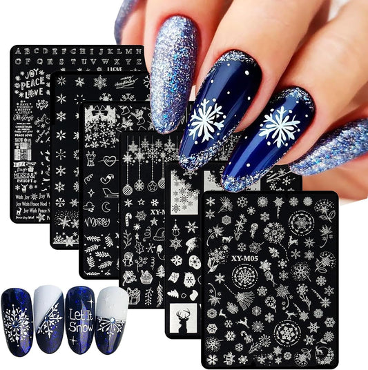 6Pcs Christmas Stamping Plates Set Winter Nail Stamp Kit Xmas Art Image Plates With Snowflakes Tree Bell Snowman Elk Designs DIY Stainless Steel Polish Template-BrightBean Baby
