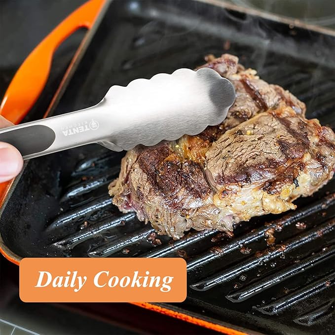 Tongs for Cooking, 9-Inch Stainless Steel Kitchen Tongs, Locking Metal Food Tongs with Silicone Non-Slip Grip, Kitchen Utensils Tongs for Food, Salad and Outdoor BBQ (Set of 4)