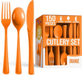 Party Solids Orange Plastic Silverware Heavy Duty 150 Pieces Orange Plastic Cutlery Sets, Utensil Sets, 50 Of Each Forks, Knives & Spoons Disposable Cutlery Set, Flatware Set For Party Supplies