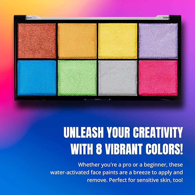 Professional Face Painting Kit - Skin Friendly Face Paint Kit - Cruelty-Free & Vegan Water Based Face Paint Makeup for Theatre, SFX and Halloween- 8 Colors 5g Each - Splashes & Spills (Pearly Colors)-BrightBean Baby
