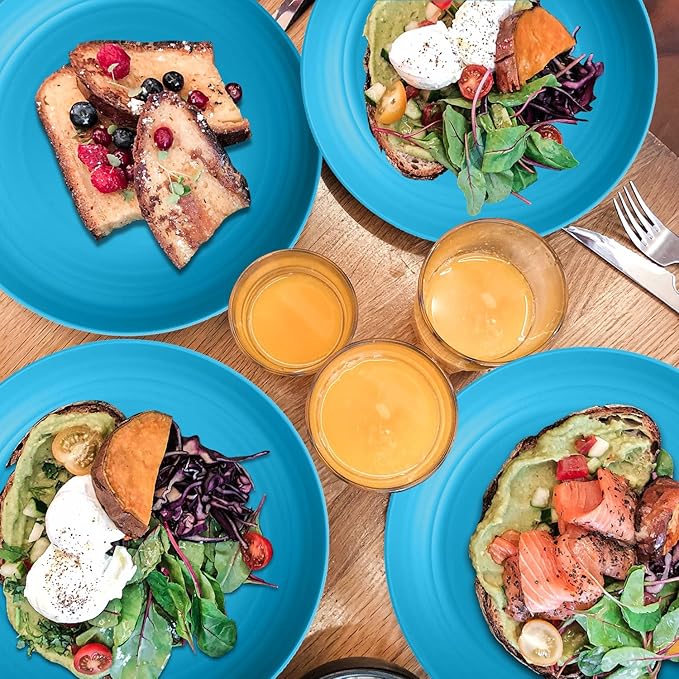 Wrova Wheat Straw Plates 10 Inch - Unbreakable Dinner Plate Set of 8 - Dishwasher & Microwave Safe Plastic Plates Reusable - Lightweight Deep Plate for Kitchen,Outdoor,Dorm (Blue)