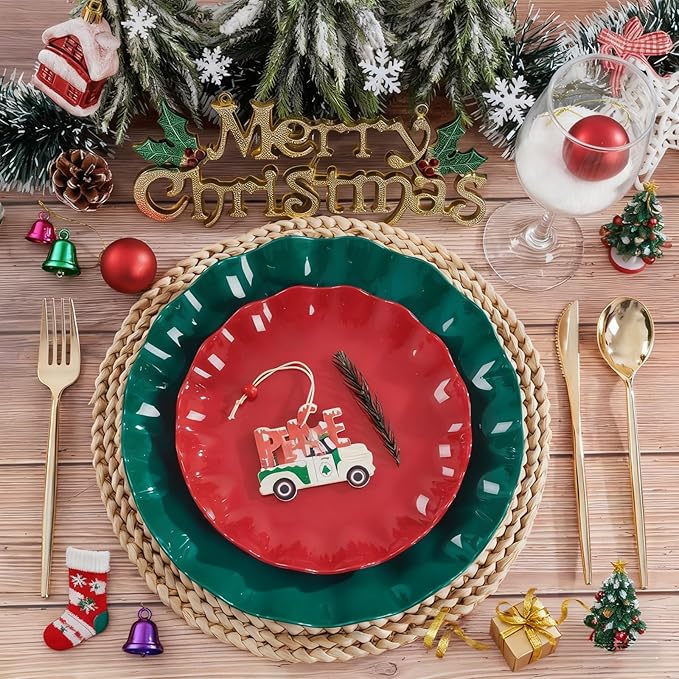 LIYH 50 Pcs Dark Green Plastic Plates Reusable Christmas Plastic Plates Green Christmas Plate Unbreakable Holiday Dinnerware Set Fancy Scalloped Plate Dishwasher Safe BPA Free (25Guests)