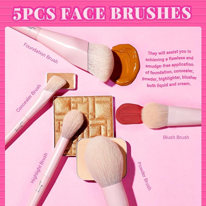 Jessup Pink Makeup Brushes Set 14Pcs Make up Brushes Premium Vegan Foundation Concealer Blush Eyeshadow Eyeliner Powder Highlighter Blending Face Brush Set with Gift Box, T495-G-BrightBean Baby