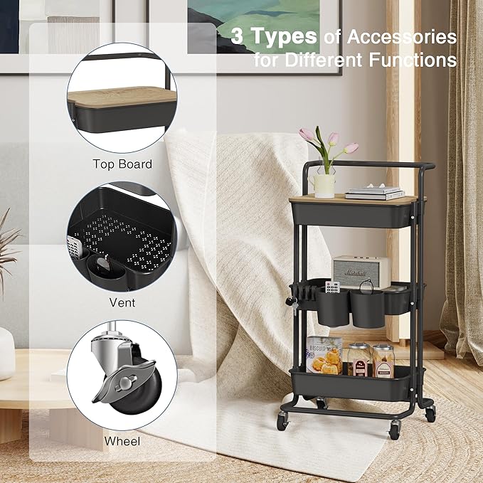 DTK 3 Tier Rolling Cart Uility Cart with Cover Board, Mobile Storage Cart with Wheels, Cups, Hooks for Office Utility Kitchen Bathroom Homeschool Art Craft Postpartum Teacher Cart Organizer(Black)-BrightBean Baby