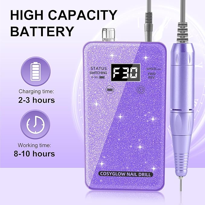 Professional Electric Nail Drill File:COSYGLOW Glitter Portable Cordless E-File Nail Drill Kit with 11 Drill Bits,30000 RPM Rechargeable Nail Drills Machine for Acrylic Nails Gel Polishing(Purple)-BrightBean Baby