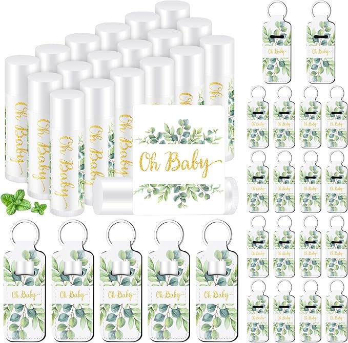 18 Sets Baby Shower Bridal Shower Favors for Guests Bulk Lip Balm and Lipstick Holder Keychains Set Baby Shower Bridal Shower Goodies Bags Thank You Gifts for Guests(Eucalyptus Baby)-BrightBean Baby
