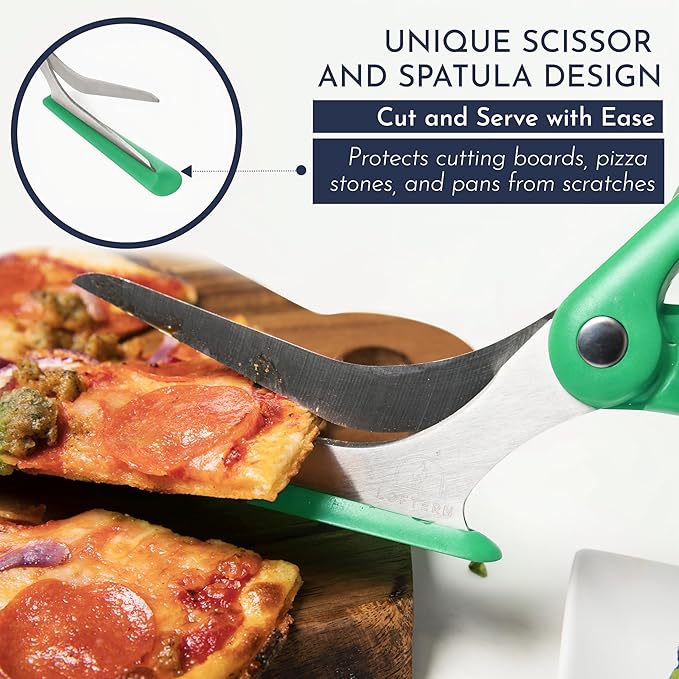 Loftern Green Pizza Scissors - Non-Stick Pizza Scissors with Firm Grip Base - Food Grade Stainless Steel Pizza Cutter - 5-in-1 Food Slicer & Pizza Server - Durable, Safe & Mess Free