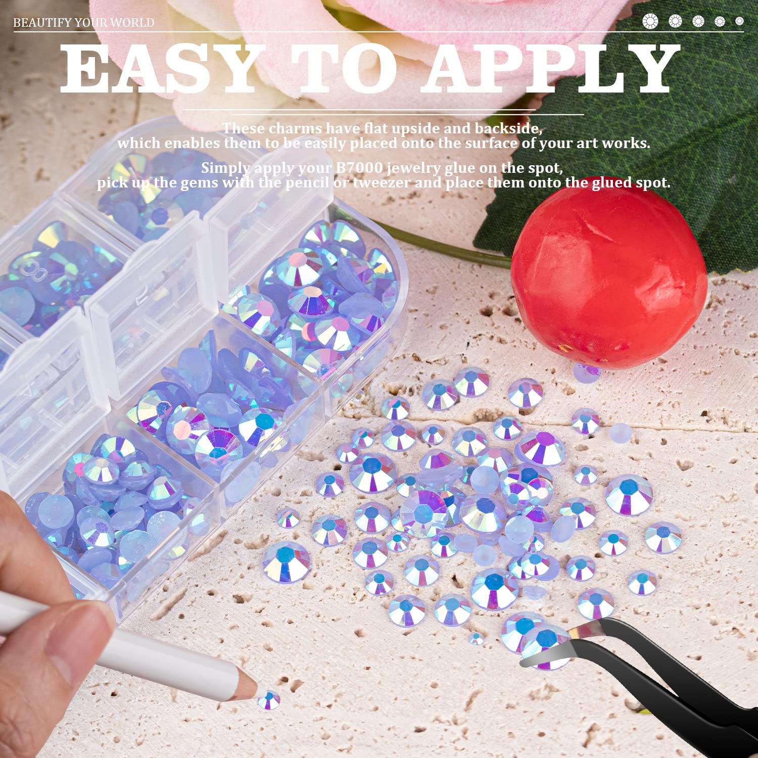 7000PCS Resin Rhinestones with Tweezers for Crafting, 2/3/4/5/6mm Flatback Jelly Rhinestones, 4 Box Sky Blue AB Non Hotfix Crystal Gems for DIY Crafts Mugs Tumblers Clothes Makeup Nail-BrightBean Baby