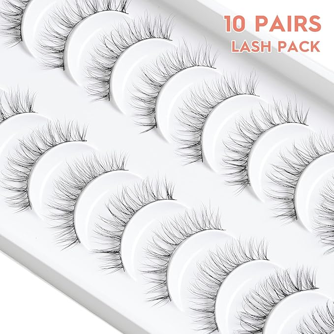 Natural Lashes Wispy False Eyelashes 10mm Short Lashes 3D Volume Strip Lashes Fake Eyelashes Siligli Lashes Thin Band Curly Eye Lashes Pack 10 pair-BrightBean Baby