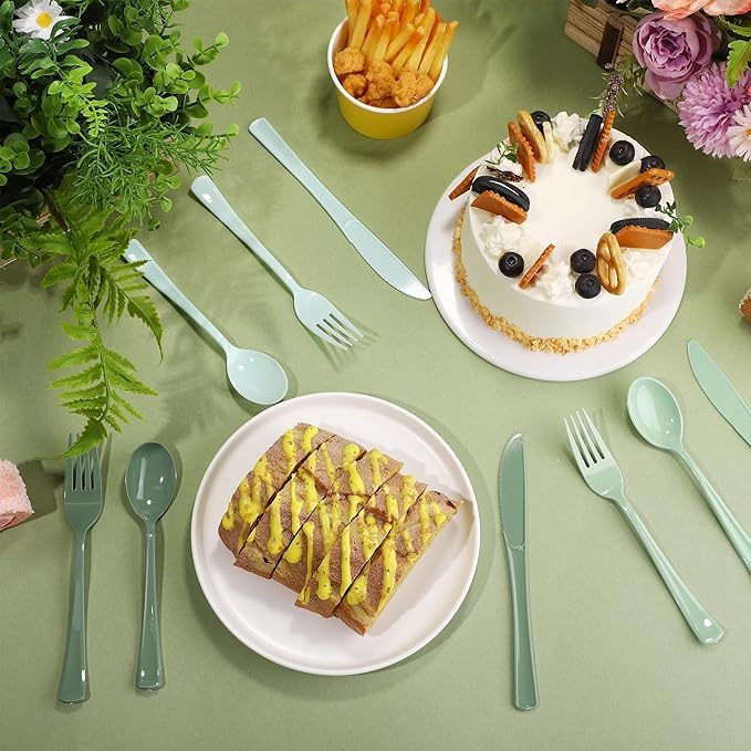 300 Pieces Sage Green Plastic Silverware Heavy Duty Plastic Cutlery Set Heavyweight Disposable Flatware Includes Spoons Forks Knifes for Birthday Party Prom Night Wedding Dinner