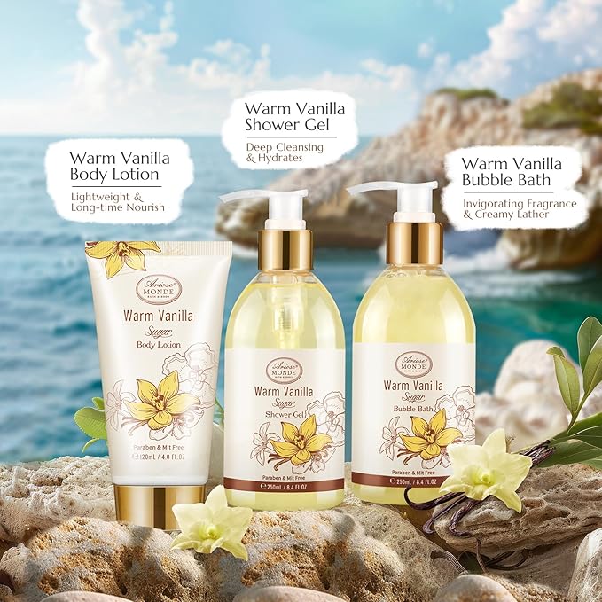 Bath and Body Warm Vanilla Sugar Spa Gifts for Women, with Shower Gel, Bubble Bath, Body Lotion, Bath Bomb, Bath Salt, Spa Basket Gift Set for Women, 7pcs Set Gifts-BrightBean Baby