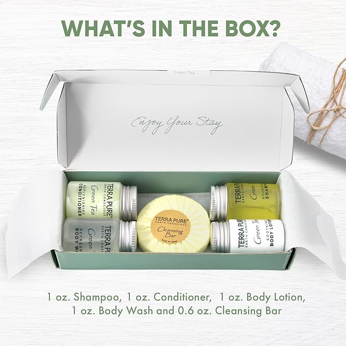 Terra Pure Green Tea Amenity Kit | Boxed Hotel Toiletries | Bulk Set 1oz Travel Size Shampoo, Conditioner, Lotion, Body Wash & Body Bar Soap for Guest Hospitality AirBnB/Vacation Rentals | 1 set/ case-BrightBean Baby