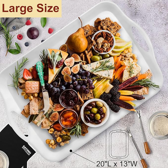 Extra Large 20" x 13" Serving Platters for Turkey, Cookie, Cupcakes, Gift Ready Melamine Serving Tray with Handles for Party Entertaining, Raised Dots & Matt Finish, Set of 2, White