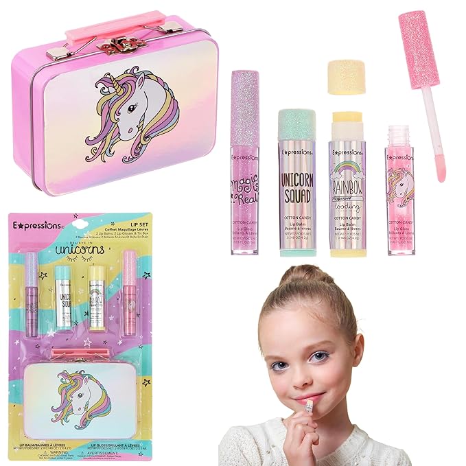 Expressions - 5pc Cosmetics Lip Kit For Kids w/Lip Glosses, Lip Balms & Tin Box Storage Case,I Believe in Unicorns Hologrpahic,Washable + Non Toxic-BrightBean Baby