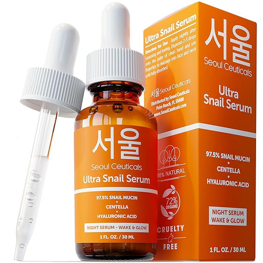 SeoulCeuticals Korean Skin Care 97.5% Snail Mucin Serum – K Beauty Skincare Night Serum Hyaluronic Acid for Face - Centella Anti Wrinkle Serum 1oz-BrightBean Baby