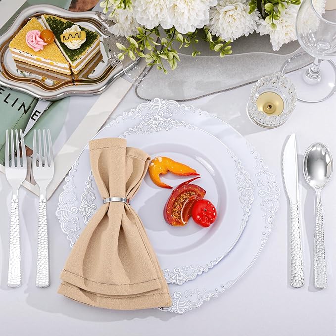 300Pieces Silver Plastic Silverware - Hammered Disposable Utensils - Heavy Duty Plastic Cutlery Set Includes 100 Forks, 100 Spoons, 100 Knives for Dinner Parties Weddings