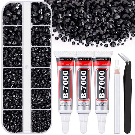6000Pcs Resin Rhinestones for Bedazzling with 3Pcs B7000 Jewelry Glue, 1 Box Black Flatback Rhinestones for Crafting Crafts DIY, Crystals Gems for Clothing Shoes Tumblers Nail Art Makeup-BrightBean Baby