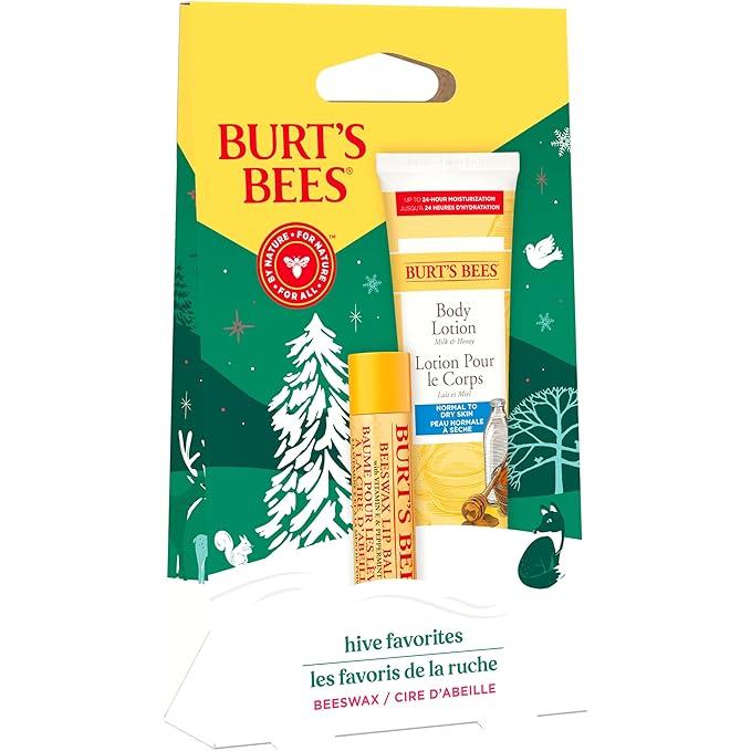 Burt's Bees Hive Favorites Beeswax Holiday Gift Set, Beeswax Lip Balm and Travel Size Body Lotion with Milk and Honey-BrightBean Baby
