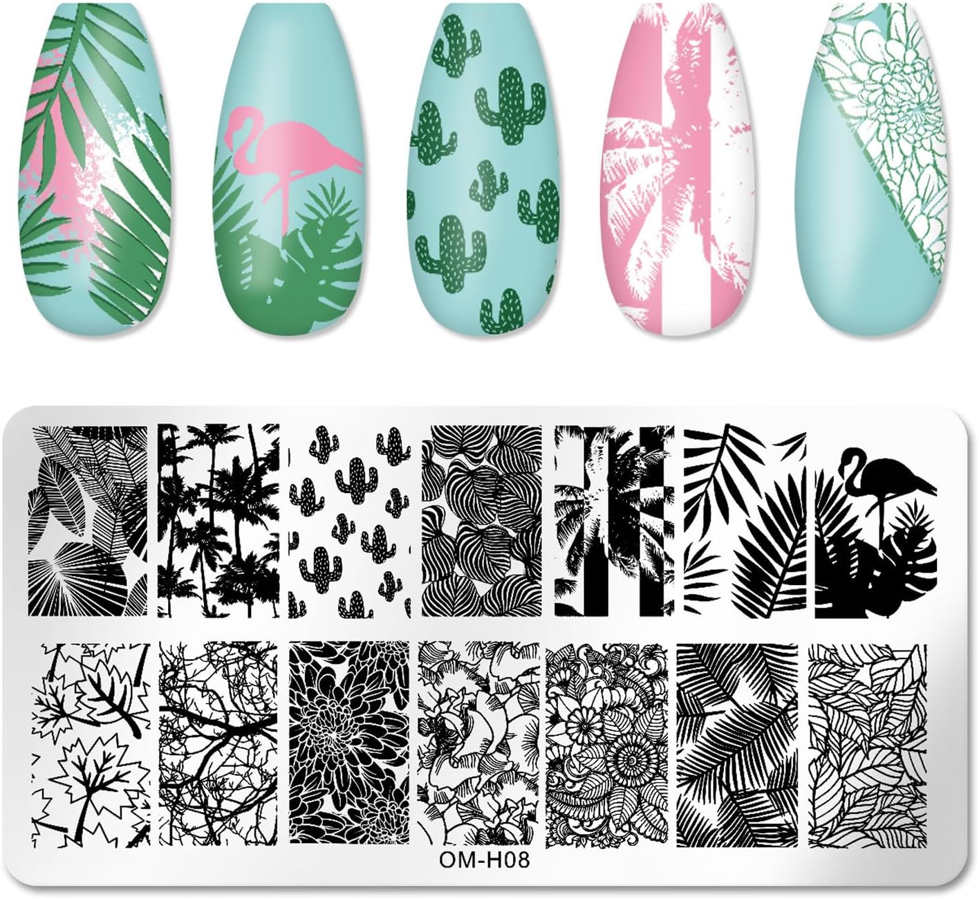 6pcs Nail Art Stamping Plates Set Manicuring Accessories Coconut Tree Leaves Flowers Birds Cactus Island Geometry Image Template for DIY Tips Decoration-BrightBean Baby