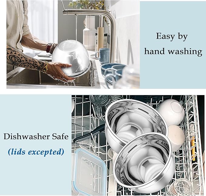 TeamFar Mixing Bowls, Stainless Steel Nesting Salad Bowls with Lids Set of 3 & 3 Grater Attachments, For Mixing/Serving/Storing, Non-toxic & Long-lasting, Size 4.6/3 / 1.5 QT, Navy Blue