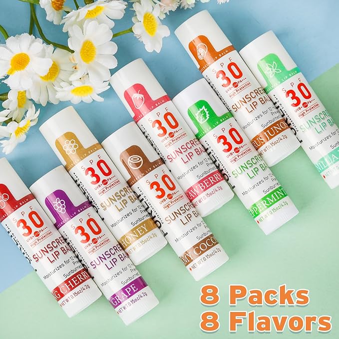 SPF 30 Lip Balm with Sunscreen 8 Pack, Bulk Sunscreen Lip Balm Travel Size, Hydrating Lip Balm with Vitamin E and Coconut Oil- 8 Flavors-BrightBean Baby