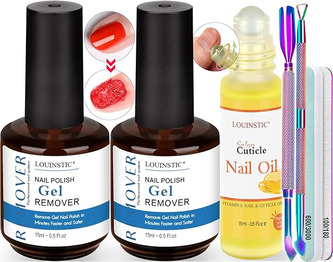 2PCs Gel Nail Polish Remover - 30ML,Fast & Easy, with Roller Cuticle Oil, No Need to Wrap and Soak, Remove Gel Polish in 2-5 Minutes at Home, No Damage to Nails, with Cuticle Pusher Tool,Nail File-BrightBean Baby