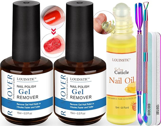 2PCs Gel Nail Polish Remover - 30ML,Fast & Easy, with Roller Cuticle Oil, No Need to Wrap and Soak, Remove Gel Polish in 2-5 Minutes at Home, No Damage to Nails, with Cuticle Pusher Tool,Nail File-BrightBean Baby
