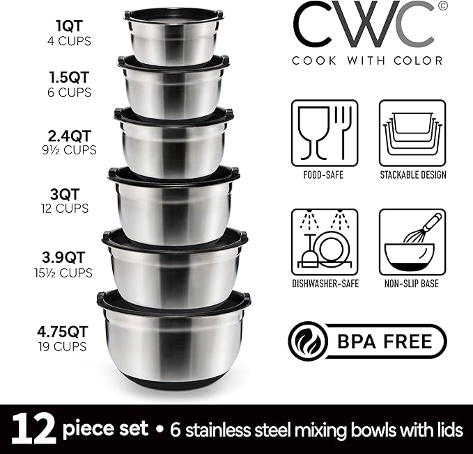 COOK WITH COLOR Stainless Steel Mixing Bowls Set with Lids - Nesting Bowls with Non-Slip Bottom, Black, 12 Pieces