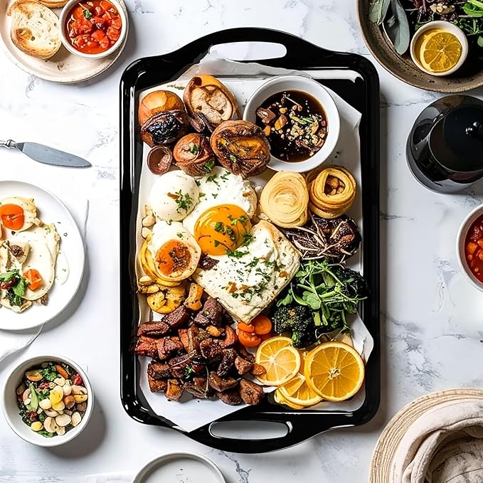 Large Black Serving Tray with Handles, 19''x11.6'' Halloween Thanksgiving Melamine Platters, Rectangular Trays for Serving Food, Turkey, Cookie, Cupcakes, Desserts, Dishwasher Safe, BPA-Free, Set of 2