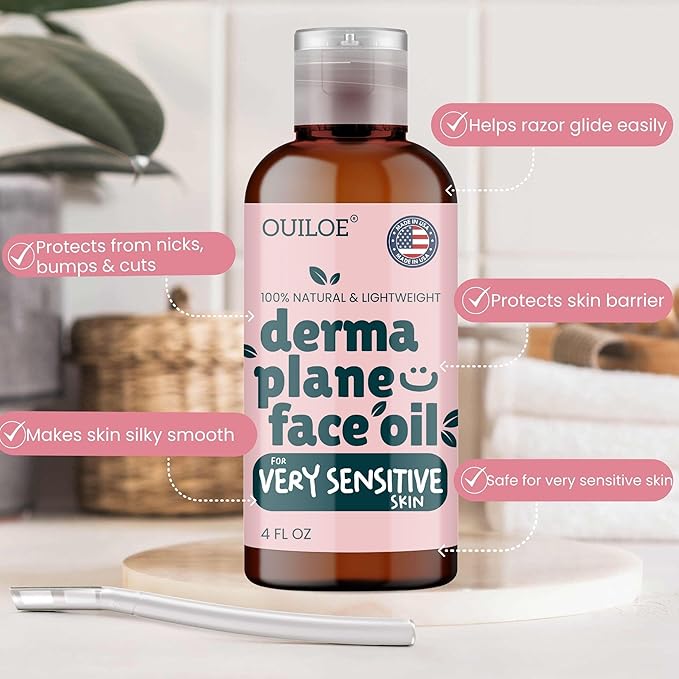Dermaplane Oil for Women with Very Sensitive Skin - Lightweight Face Shaving Oil, Natural Facial Shave Oil - Use with a Dermaplaning Tool, Razor, Shaver or Microblade for Close Shave 4oz by Ouiloe-BrightBean Baby