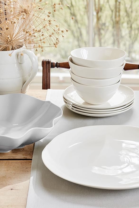 Portmeirion Sophie Conran Arbor Dinner Plate| Set of 4 Dinner, Pasta, and Appetizer Plates | 11 Inch Organic Shape Stoneware | Microwave and Dishwasher Safe – (Creamy White)