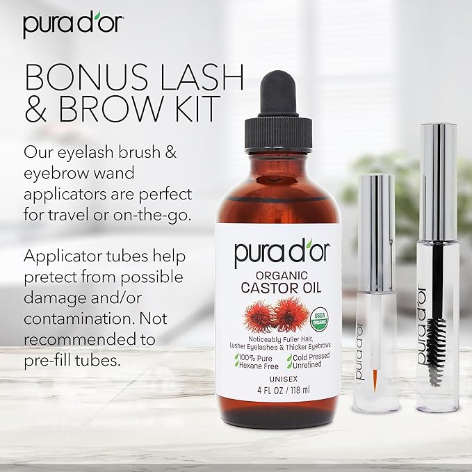 PURA D'OR 4 Oz ORGANIC Castor Oil - w/ 2 BONUS Empty Brushes - 100% Pure USDA Certified Cold Pressed, Hexane Free Eyelash & Eyebrow Serum - For Fuller, Thicker Lashes & Brows - Skin & Hair-BrightBean Baby