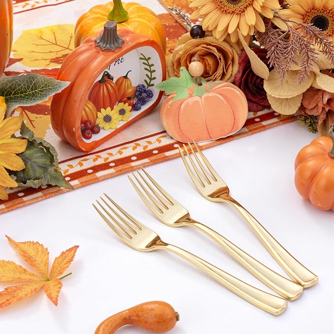 Liacere 200pcs Gold Plastic Forks - Heavyweight - 7.4 Inch Heavy Duty Forks - Gold Plastic Silverware Perfect For Parties & Weddings & Restaurants & New Year And Daily Using&Fall Decor