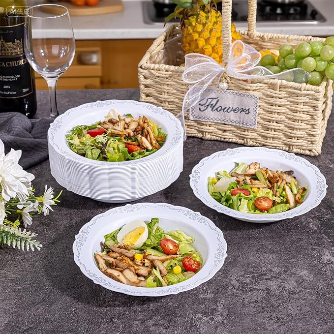 DaYammi 50 Pack Plastic Bowls with Silver Rim, 12oz Disposable Soup Bowls, Heavy Duty Dinner Bowls for Weddings, Parties, Dinners, Catering and Everyday Use