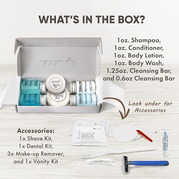 Terra Pure White Tea & Coconut Amenity & Accessory Kit |1 oz Travel Size Shampoo, Conditioner, Lotion, Body Wash, 2 Cleansing Bars, Shave & Dental Sets, Make-Up Remover Wipes, & Vanity Kit | 1 Box-BrightBean Baby