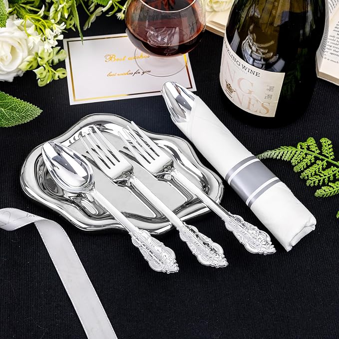Liacere 400PCS Silver Plastic Silverware - Pre Rolled Napkins Disposable Silver Cutlery-Premium Quality Gold Plastic Utensils - Includes 100Forks,100Knives,100Spoons,100Napkins&Christmas