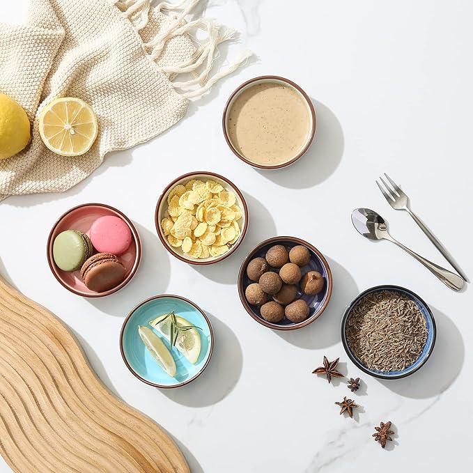 Selamica Ceramic 2.5 OZ Soy Sauce Dish Dipping Bowls Set of 6, 3.3 Inch Small Side Dish Pinch Bowls, Mini Bowls for Condiments, Ketchup, BBQ, Sushi, Gradient Color